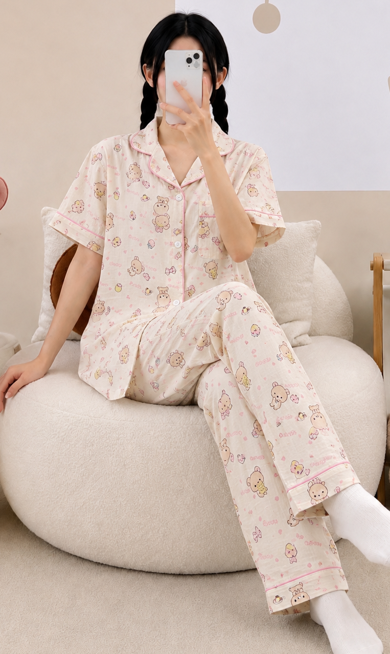 Beige Pink Teddy Pyjama Set