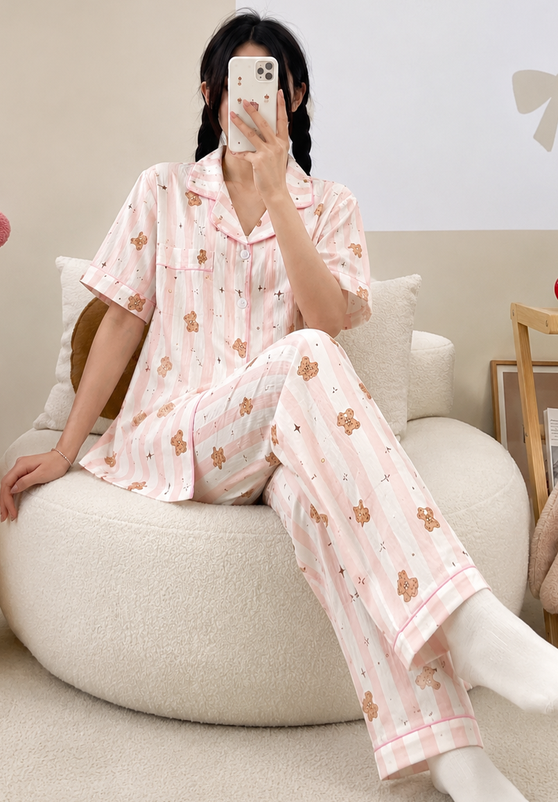 Pink Teddy Stripes Pyjama Set