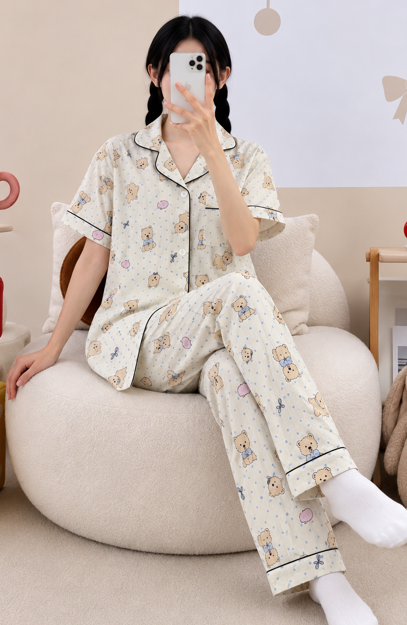 Beige Teddy Bear Printed Pyjama Set